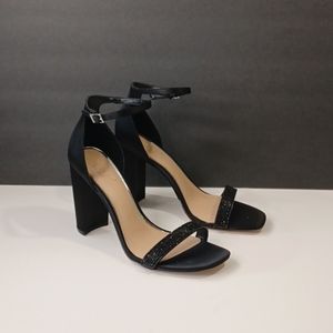 Badgley Mischka black satin jewelled heeled sandal